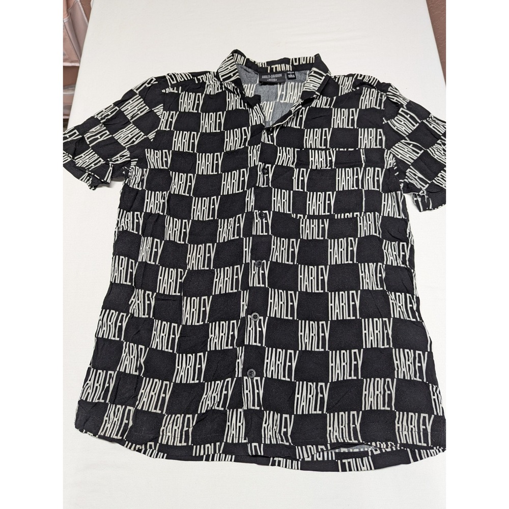 Harley-Davidson Mens Black White All Over Print Rayon Button Up Shirt Large